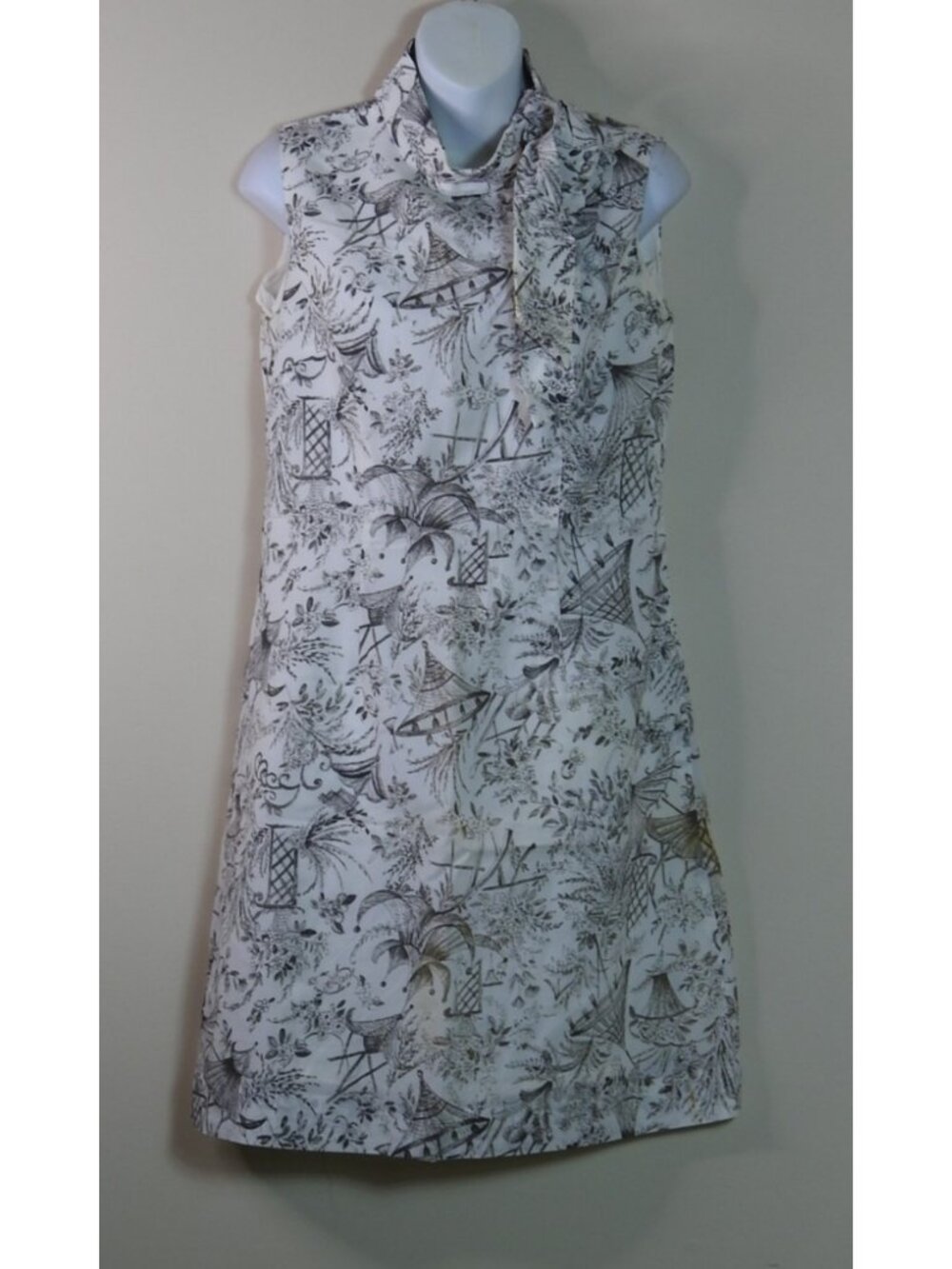VTG Black White Toile Print Sleeveless Shift Dress Scarf Tie Cottagecore Sz Med - Picture 3 of 12